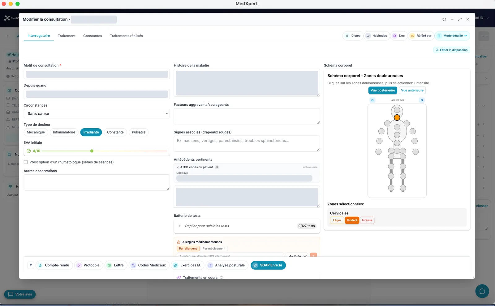 Fenêtre de l’application MedXpert sur Mac : modification d’une consultation avec interrogatoire, schéma corporel et boutons de compte rendu. Les données de la patiente sont masquées.