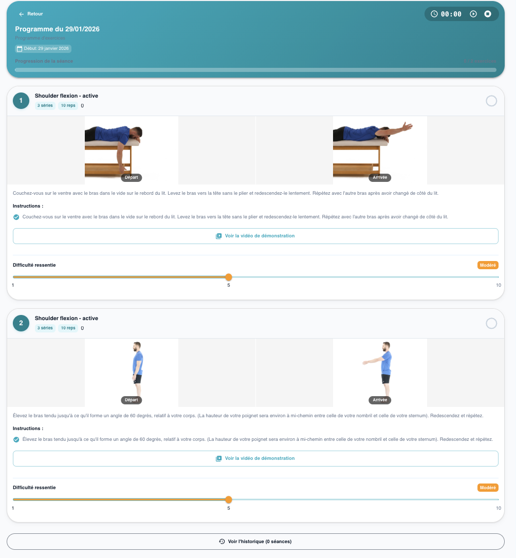 Capture du portail patient (exercices en vidéo et suivi)